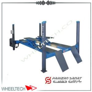 تصویری از جک چهار ستون پاریزان صنعت برای تعمیرات خودرو، با قابلیت تنظیم ارتفاع و سیستم هیدرولیکی پیشرفته.