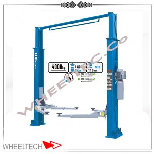 جک دو ستون اتصال از بالا پولی برای بالا بردن خودروهای سنگین و متوسط، با سیستم قوی و طراحی مستحکم.