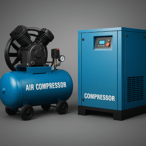تصویری از دو نوع کمپرسور صنعتی شامل مدل پیستونی و اسکرو، مناسب برای استفاده در تعمیرگاهها و کارگاههای بزرگ.