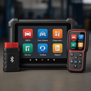 نمایش تصویر سه مدل دستگاه دیاگ حرفهای با نمایشگر دیجیتال، مناسب عیبیابی خودروهای سواری و سنگین