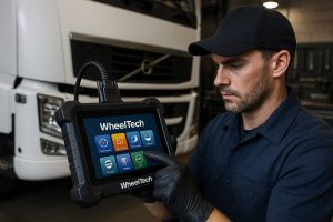 نمایی از دستگاه دیاگ حرفه‌ای مخصوص کامیون و اتوبوس، همراه با کابل‌های عیب‌یابی و رابط OBD