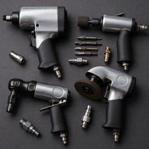 تصویر چهار ابزار بادی مختلف شامل بکس بادی، پیچ‌گوشتی بادی، فرز بادی و دستگاه پولیش بادی، مناسب برای استفاده در تعمیرگاه‌ها و مراکز صنعتی.