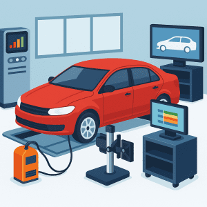 نمایی از تجهیزات معاینه فنی خودرو شامل دستگاه تست ترمز، تست گازهای خروجی، و سیستم بررسی فرمان و تعلیق در یک مرکز تست خودرو