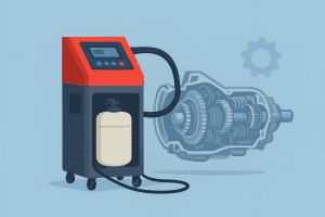 تصویر دستگاه ساکشن گیربکس اتوماتیک مجهز به نمایشگر دیجیتال و شیلنگ‌های ورودی و خروجی روغن برای تعویض روغن گیربکس خودرو در تعمیرگاه.