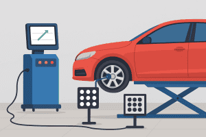 تصویر انیمیشنی از دستگاه تنظیم فرمان سه‌بعدی خودرو با دوربین و سنسورهای دیجیتال برای میزان فرمان دقیق در تعمیرگاه خودرو
